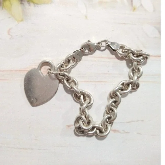Designer 925 sterling silver cable chain bracelet large Heart charm 7''L signed - Picture 4 of 13